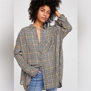 Free People size Small Break My Stride Oversized Plaid Button Down Shirt